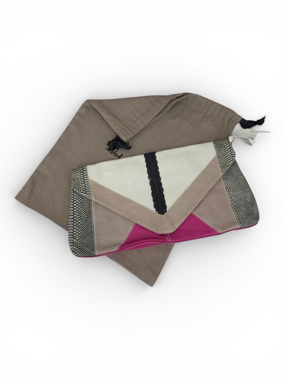 Foley & Corinna Colorblock Leather Clutch Bag in Cream Taupe Fuchsia Snakeskin